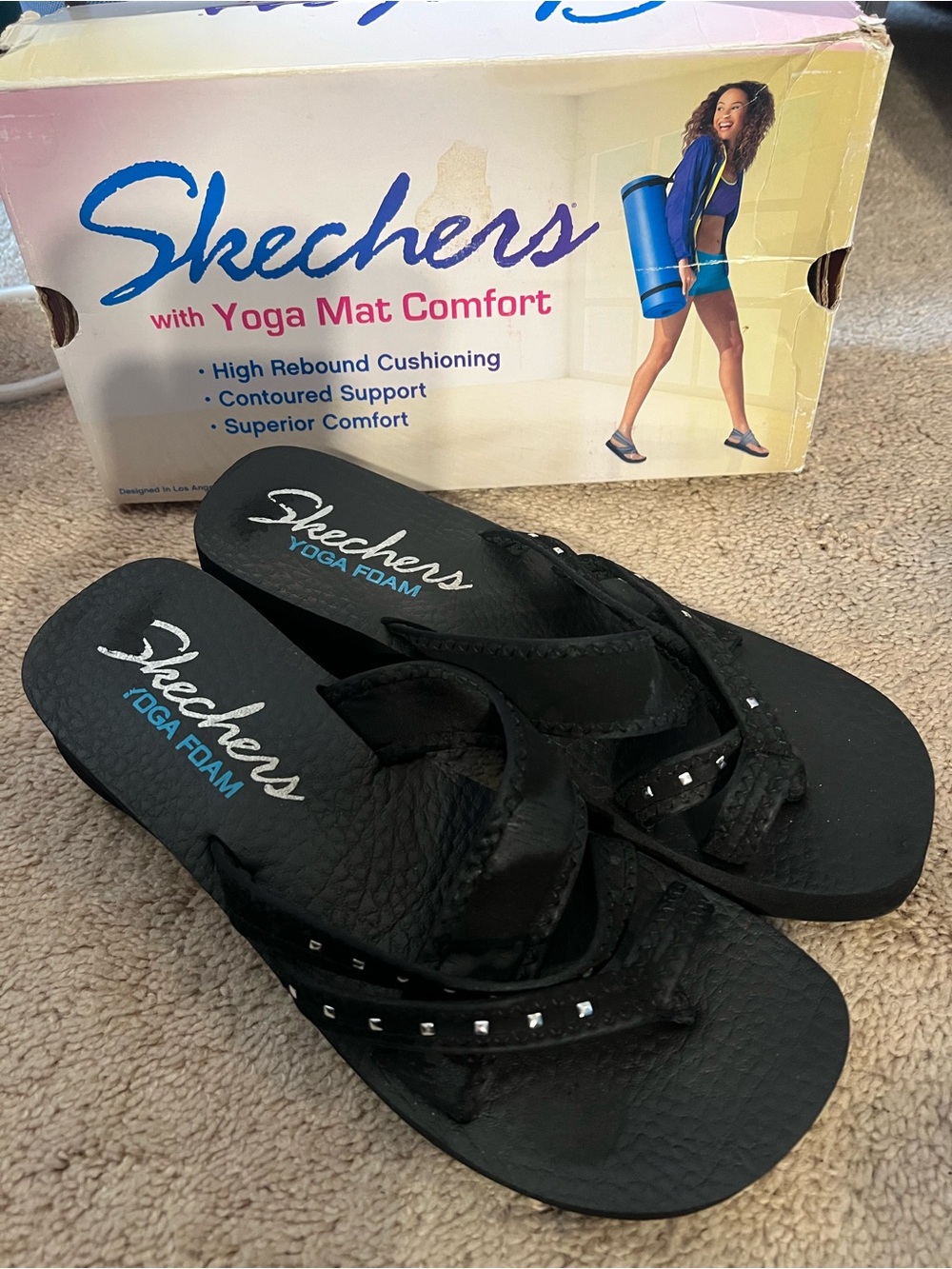 Skechers Black Yoga Foam Flip Sandals with Stud Accents